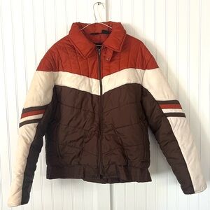 Vintage 70s 80s Men's Brown and Orange Puffer Large Striped Colorblock Jacket